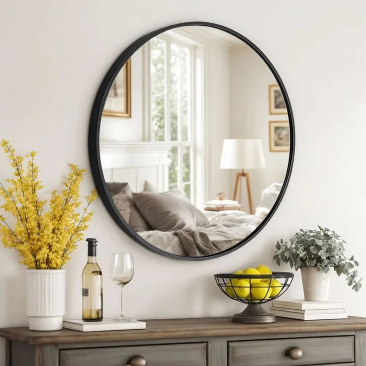 Home Nature Wohnkonzept, Rund, Wandspiegel, Hochauflösender Schminkspiegel für Badezimmer & Schlafzimmer, Aluminium, Schwarz, 40 cm – Bild 5