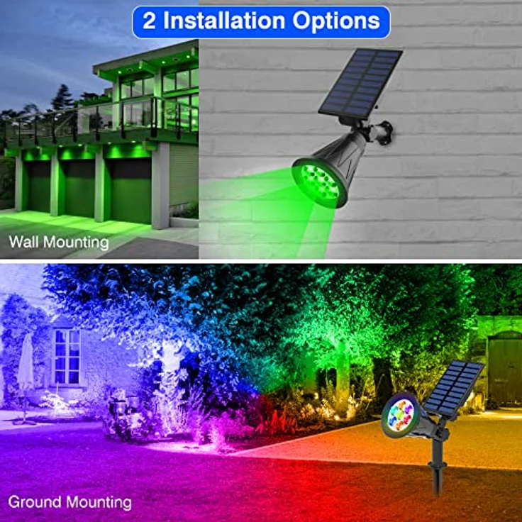 T-SUN Solarleuchte Garten, 2 Stück 7LED Solarstrahler mit 2-in-1 wasserdicht, 7 Farbwechsel, 2 Einstellmodi, Auto-on/off, 320 Lumen – Bild 3