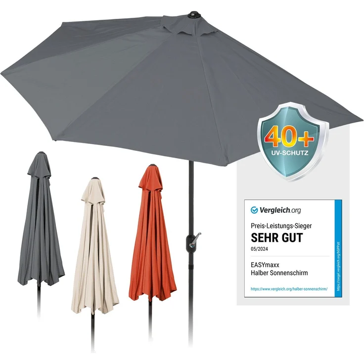EASYmaxx Sonnenschirm halbrund 270x140 cm, passgenau platzieren, mit praktischer Handkurbel, UV-Schutz 40+ – Bild 1