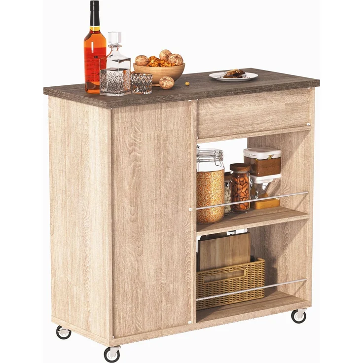 Küchenwagen 90 x 62 x 90 cm mit Schublade, Schrank, 2 offenen Regalen, Handtuchhalter, feststellbaren Rollen, Sonoma-Eiche – Bild 8