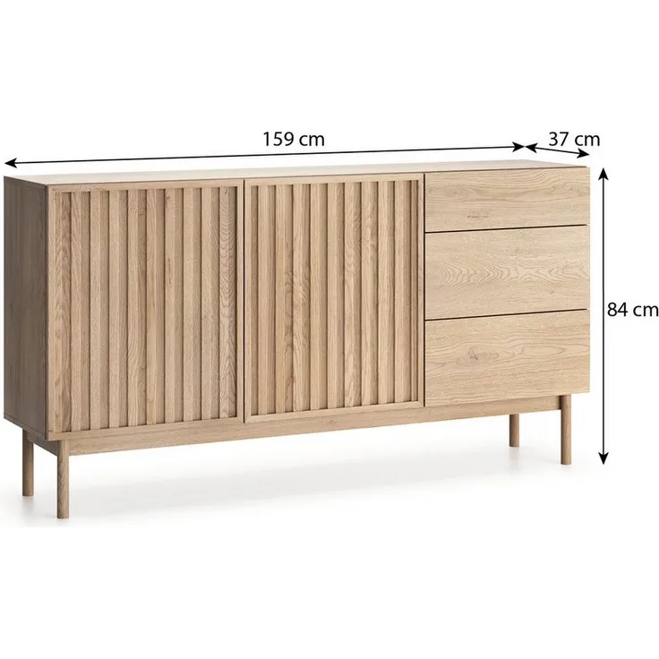 Beautysofa Kommode SAPPORO im Japandi-Stil (Push-to-Open-Funktion, mit 3 Schubladen und 2 Tür), Lamellenfront