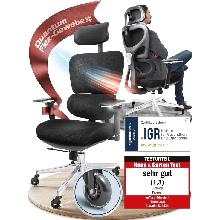 CLOUVOU ProSeat Bürostuhl Ergonomisch [TESTSIEGER] Schreibtischstuhl 100% individuell einstellbar | Büro Stuhl & Gaming Stuhl | Computerstuhl Home Office Chair Ergonomic | Drehstuhl 150 kg – Bild 1
