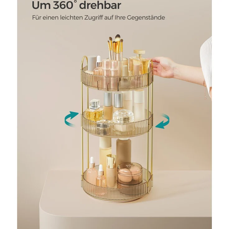 SONGMICS Make-up Organizer drehbar, Kosmetik-Organizer rund, 3 Ebenen, Kosmetik Aufbewahrung, anpassbar, für Schminktisch, Geschenkidee, champagnergold JKADE011A01 – Bild 3