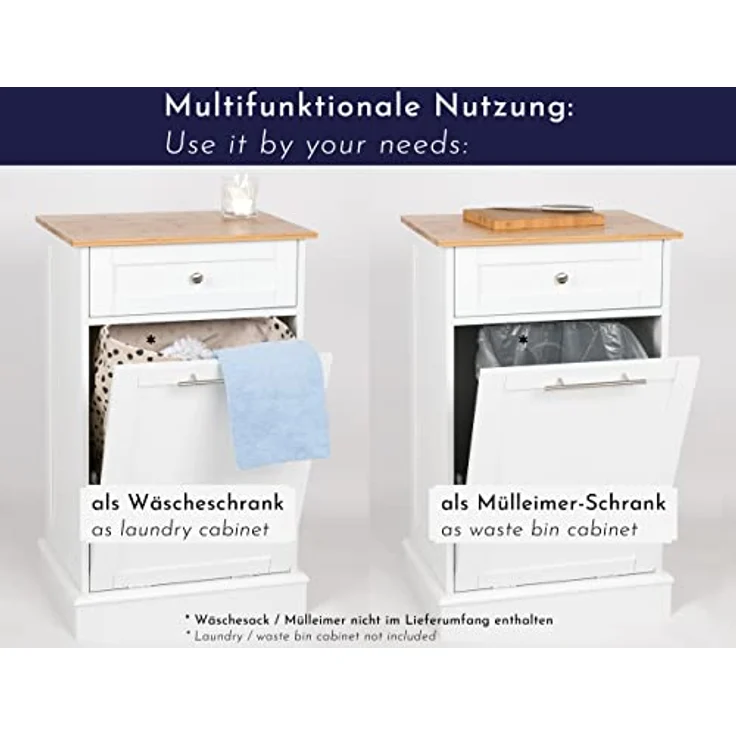 WONDERMAKE Wäschebox Mülleimer-Schrank, hoch aus weißem MDF und Bambus mit Schublade, 51 x 37 x 82 cm, klappbar – Bild 4