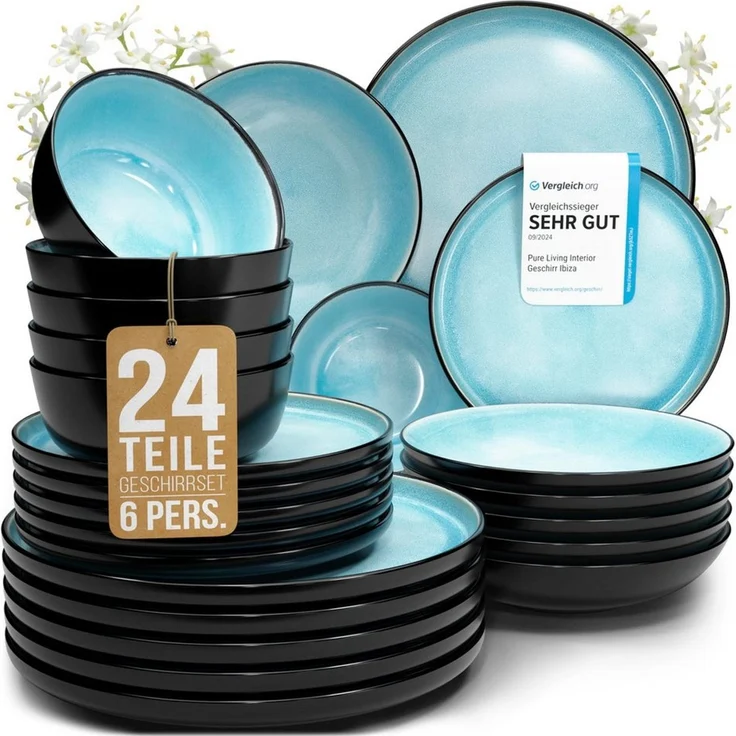Steingut Geschirrset 6 Pers. Ibiza 24-tlg Hochwertiges Mediterranes TEST SEHR GUT Steingut Geschirr Set - Schüssel- und Teller Set - Tafelservice 6 Personen Geschirrsets Pure Living in Aquamarin – Bild 1