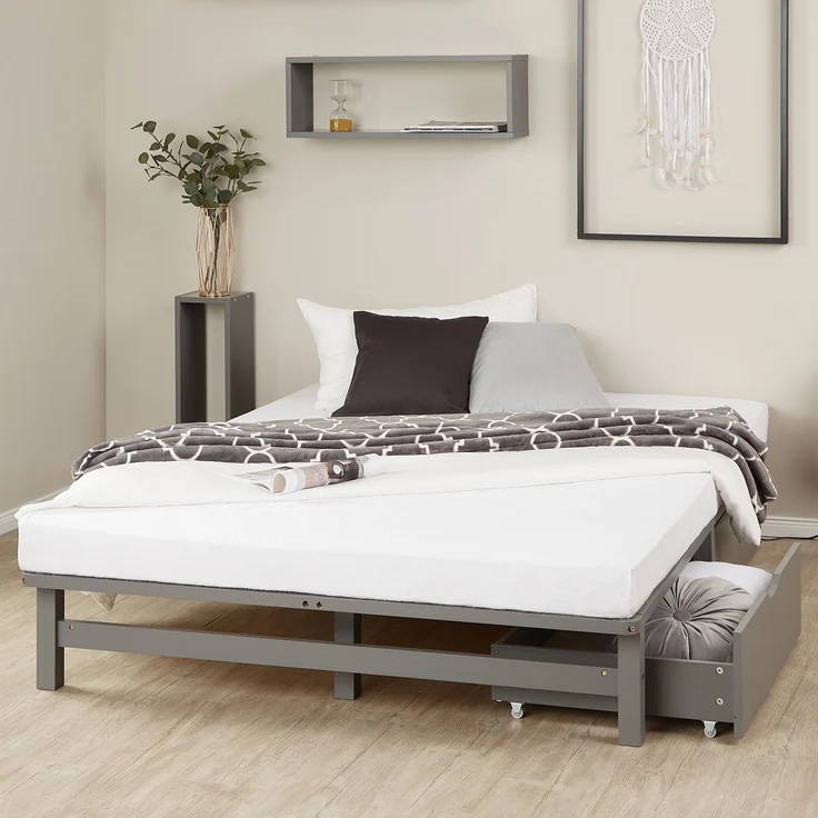 Holzbett 140x200 mit Matratze Bettkasten 2er Set Holzbettrahmen Grau Palettenbett Doppelbett Bett Massiv Holz – Bild 2