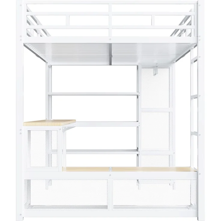 U-life Metall-Hochbett 140x200 cm mit Schreibtisch, offenem Kleiderschrank, LED-Beleuchtung und USB-Ladestation, Weiß – Bild 7