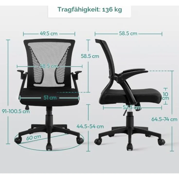 Yaheetech Bürostuhl Ergonomisch, Schreibtischstuhl mit Netzbespannung, Arbeitsstuhl mit Armlehnen, Chefsessel aus Mesh, höhenverstellbarer Computerstuhl 136 kg, atmungsaktiv, Wippfunktion Schwarz – Bild 3