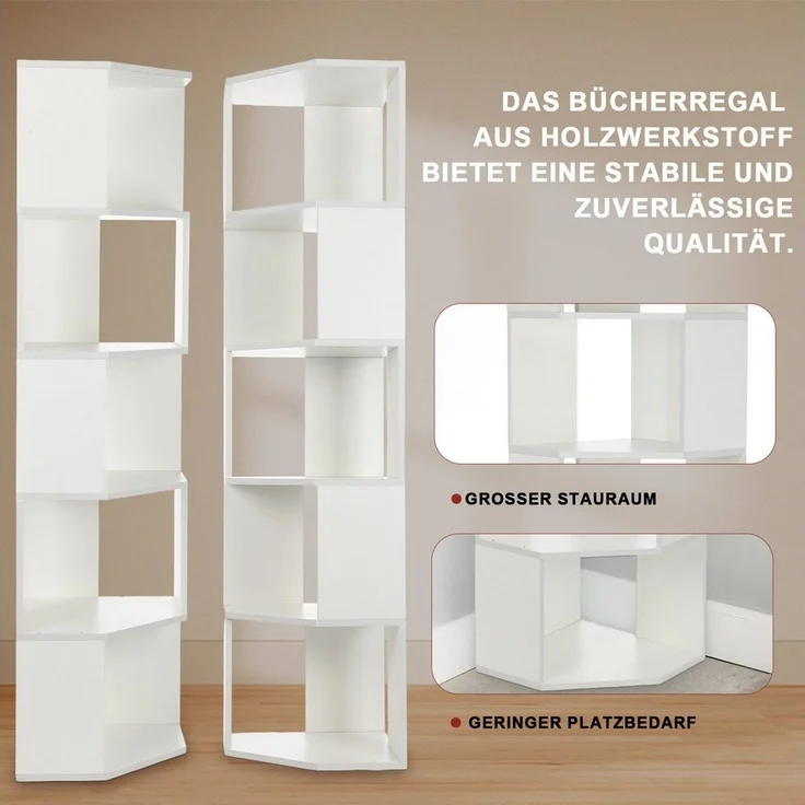 oyajia Bücherregal Bücherregal Eck 159cm für Wohnzimmer Home Office, 5-Stöckiges Weiß, Standregal, Büroregal, 5 Fächer, Holzwerkstoff, 40x40x159cm (BxTxH) – Bild 2
