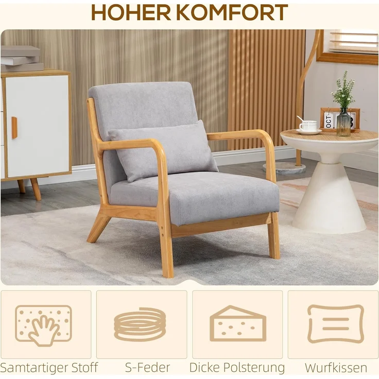 HOMCOM Relaxsessel mit Armlehne, Lendenkissen (Polstersessel, 1-St, Loungesessel), für Schlafzimmer, Wohnzimmer, Grau – Bild 4