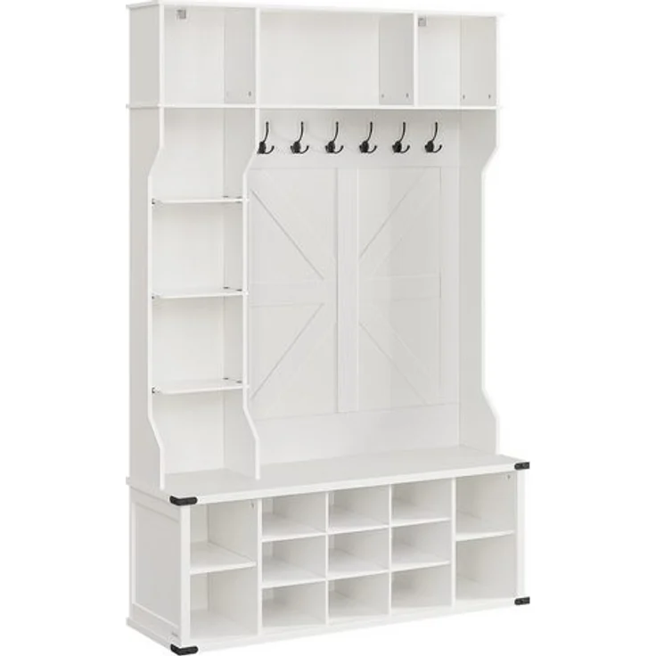 VASAGLE Kleiderständer, Garderobe, Eingangsmöbel mit Schuhregal, verstellbare Ablagen, 20 offene Fächer, 6 Dreifach-Haken, Landhausstil, freistehend, für Eingangsbereich, Flur, wolkenweiß HSRDE440W03 – Bild 1