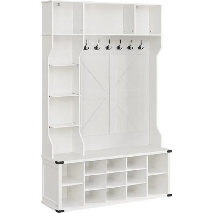 VASAGLE Kleiderständer, Garderobe, Eingangsmöbel mit Schuhregal, verstellbare Ablagen, 20 offene Fächer, 6 Dreifach-Haken, Landhausstil, freistehend, für Eingangsbereich, Flur, wolkenweiß HSRDE440W03