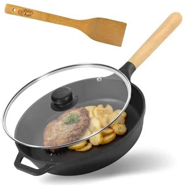 BIG-PAN Bratpfanne Ø28cm Pfanne Gusseisen Glasdeckel Pfannenwender, Gusseisen – Bild 1