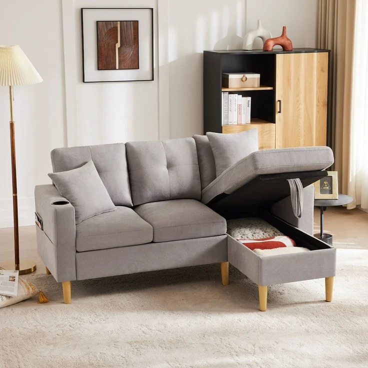 Merax 3-Sitzer Ecksofa Eckcouch in L-Form Eckgarnitur, L-förmiges Sofa aus Baumwoll- und Leinenstoff, 175*129*90cm 1 Teile, 3-Sitzer-Sofa mit integriertem Stauraum, Getränkehaltern und 2 Kissen – Bild 1