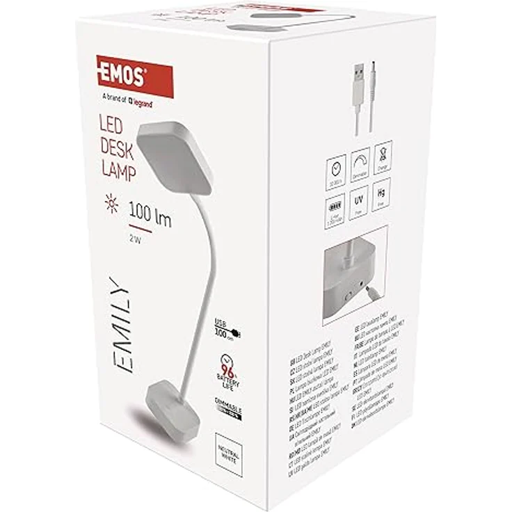 EMOS Akku-Schreibtischlampe EMILY, USB-aufladbar, 2W, kabellos, biegsam, stufenlos dimmbar, Helligkeit 100lm, weiß, Z7627 – Bild 6