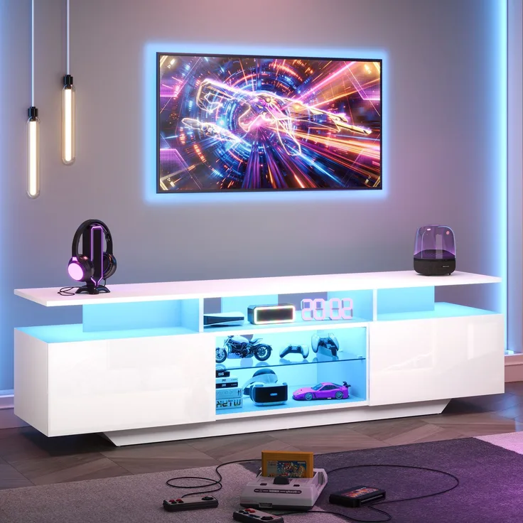 JARDJ 160*40*45cm Fernsehschrank,TV-Ständer mit 2 Schränken, Wohnzimmerschrank,Hochglanz-TV-Schrank mit LED-Lichtleiste,Modernes TV-Entertainment-Center mit 8 Ablageflächen, MDF, 70-Zoll-Fernseher