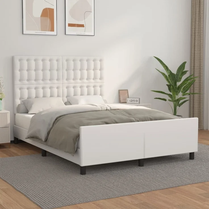 Doppelbett, Bettgestell Modernen mit Kopfteil Weiß 140x200 cm Kunstleder d1274e – Bild 2