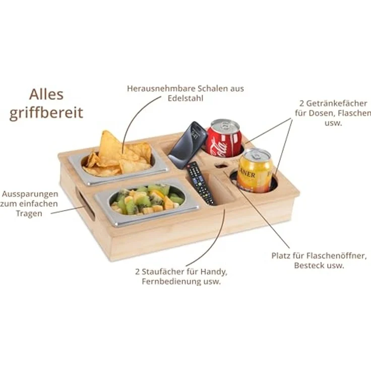 Stagecaptain Tablett CBW-45 NT Couchbar aus nachhaltigem Bambus für Wohnzimmercouch, (praktische Griff-Aussparungen), 7 Staufächer für z. B. Snacks und Getränke sowie Flaschenöffner – Bild 5