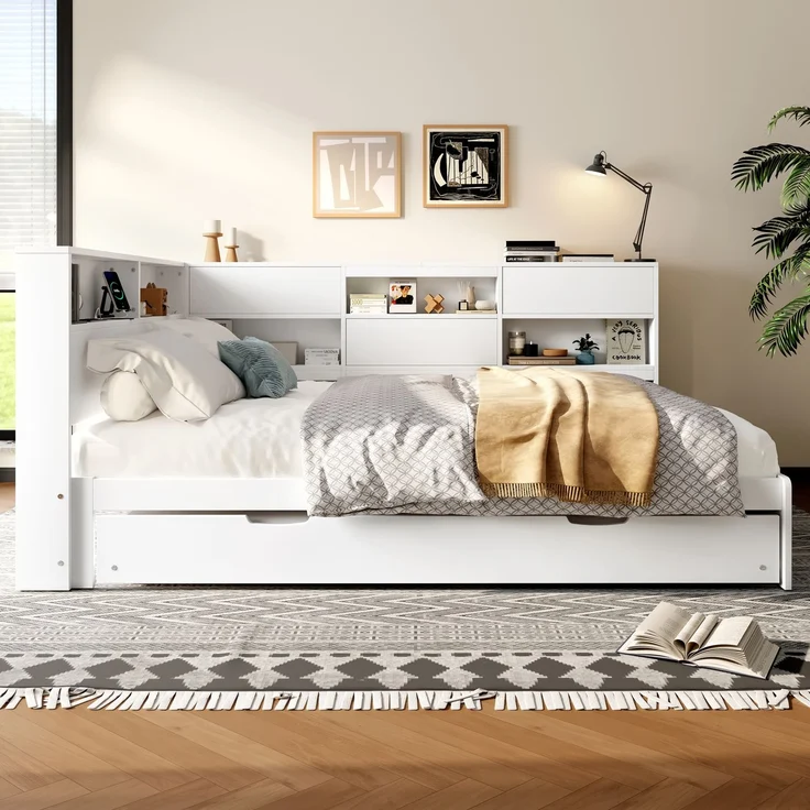 ZUBALIYA Tagesbett 140x200 cm, mit Ausziehfunktion für zusätzliche Liegefläche, mit USB - Ladeanschluss am Bett, mit integrierter Steckdose, Weiß – Bild 5