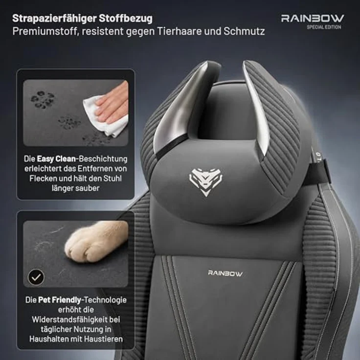 Diablo Gaming Stuhl ergonomisch Stoff Gaming Chair 140 kg belastbar Bürostuhl Gamer Stuhl mit 3D Armlehnen Lendenkissen Kopfkissen Wippfunktion Verstellbarer Rückenlehne Rainbow Grey – Bild 6
