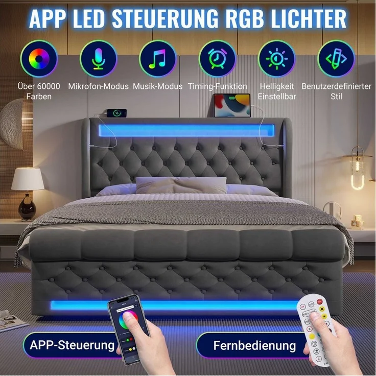 BlingBin Polsterbett Stauraumbett (1-tlg, Funktionsbett mit Lade- und Lichtfunktion für gemütliche Schlafzimmer), mit LED-Beleuchtung, USB- & Type-C-Ladestation und stilvollem Samt – Bild 3