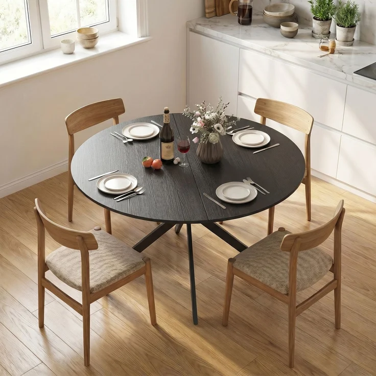 Runder Esstisch für 4 Personen, Küchentisch im Industriestil mit Stahlbeinen, für Esszimmer, Küche, Schwarz--Schwarz--75x120x120cm--CHENHAONING – Bild 3