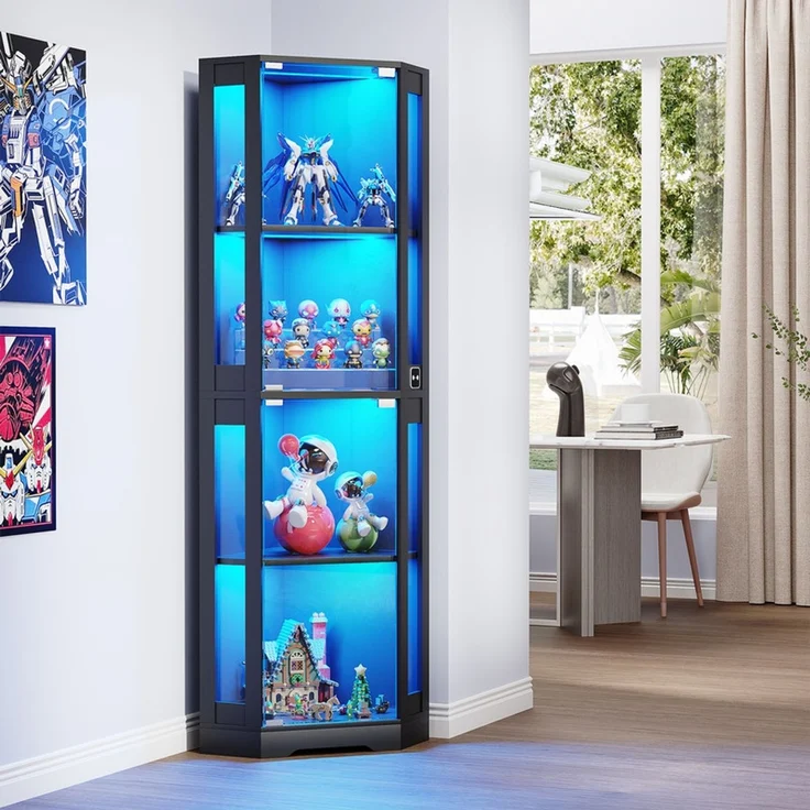 Eckvitrine 165x56x37 cm, 4-stöckiger Glasvitrinenschrank mit LED-Beleuchtung, griffloses Design, Schwarz – Bild 3
