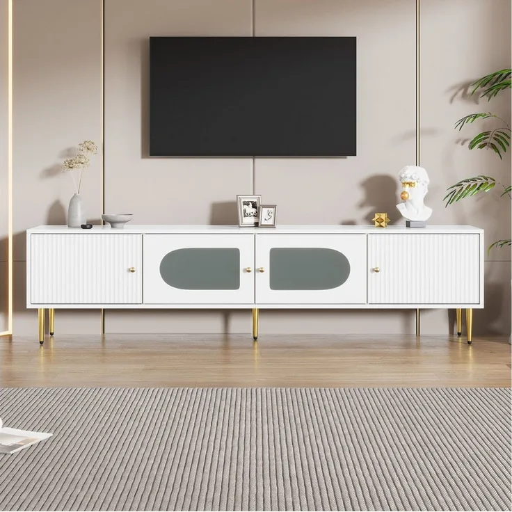 BlingBin TV-Schrank TV-Board,TV-Unterschrank (1er Set, 1-St, 170*35*50cm TV-Schrank,2Türen mit Vertikalrillen,2 Türen mit Bogenglas) Weißer Korpus mit Goldenen Beinen & Griffen, 35KG Tragkraft,TV-Schrank