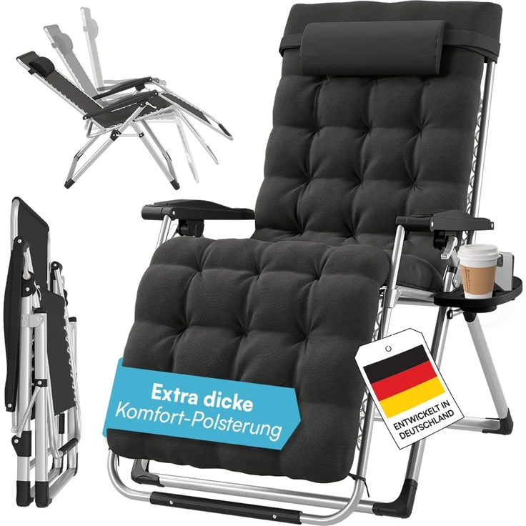 STEELSØN 'Lysira' Liegestuhl, klappbar & wetterfest, schwarz/silber, Sonnenliege mit extra dicker Polsterauflage, verstellbarer Gartenstuhl, bis 200 kg belastbar – Bild 1