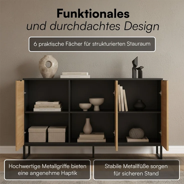 Bellamio 'Luvua' Kommode, schwarz/Eichenoptik, mit Metallfüßen, 80x40x135 cm, Sideboard mit 3 Türen und 6 Fächern – Bild 4