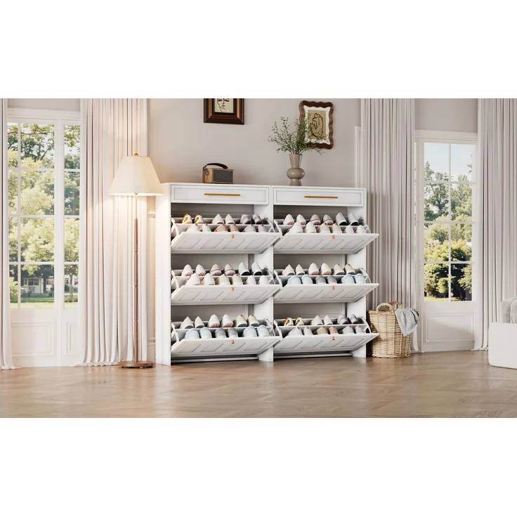 ZUBALIYA Schuhschrank (140 x 25 x 123,5 cm), 2 Schubladen, Verstellbare Einlegeböden, Stauraum für Flur und Eingangsbereich, Weiß – Bild 14