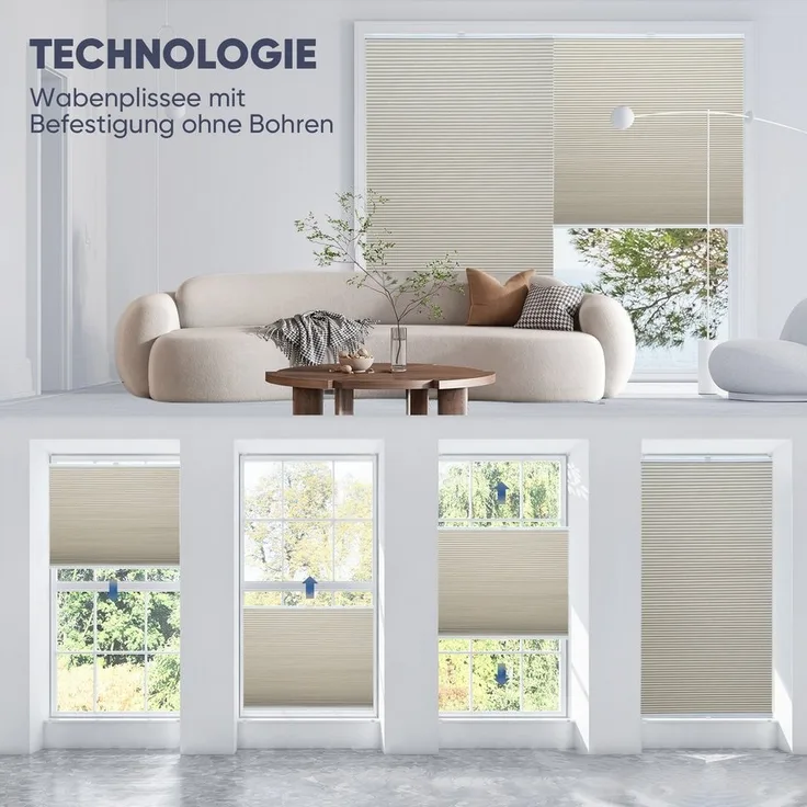 Sekey Wabenplissee Plissee ohne Bohren Verdunkelung Rollo 100% verdunkelnd Blickdicht, verdunkelnd, Klemmfix