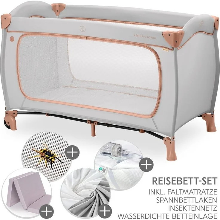 Hauck Baby-Reisebett Sleep N Play Go Plus XXL Set - Dusty Cork, Kinder Reisebett mit Matratze, Spannbettlaken & Insektenschutz faltbar – Bild 1