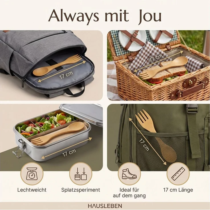 hausleben Campinglöffel 4er Set Gabel-Löffel Multibesteck – Bambusbesteck 17 x 3,5 cm (4 Stück), Bambusbesteck, Wiederverwendbar & Leicht, 17 x 3,5 cm – Bild 2