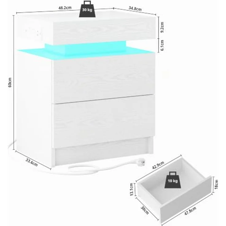 IRONCK Nachttisch 2er Set mit LED & Steckdose, Weiß | Nachtkonsole 48x35x60 cm mit USB-Anschluss, 2 Schubladen Modernes Design für Schlafzimmer, Wohnzimmer – Bild 3