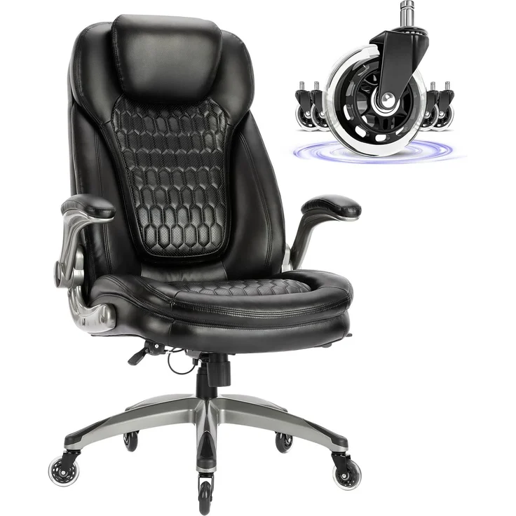 COLAMY Schreibtischstuhl, Bürostuhl Ergonomisch, Chefsessel aus Atmungsaktivem Leder, Bürostuhl mit Taschenfederkern-Sitzkissen, Flip-up-Armlehnen& Leisen Rollen für Homeoffice und Büro, Schwarz