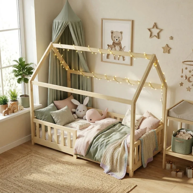 ecoMI Hausbett mit Rausfallschutz und Lattenrost, Kiefernholz natur, 90x200 cm – Bild 2