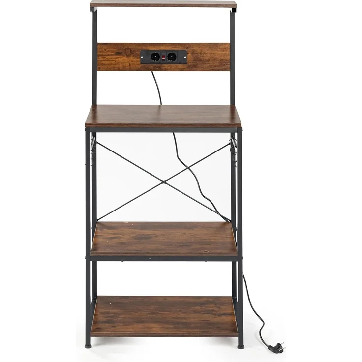 FurnitureR Kitchen Shelf mit Powerstreifen, 3-stufiger Aufbewahrungsschrank, Mikrowellen-Halterung, vertikale Ablage für Dining Room mit 2-Sockel und 6 S-Haken, industrieller rustikaler Braun, – Bild 3