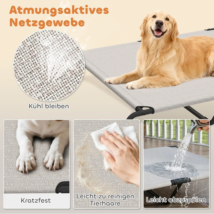 PawHut Erhöhtes Hundebett, Stahl, Texteline, Beige, 152L x 94B x 23H cm – Bild 5