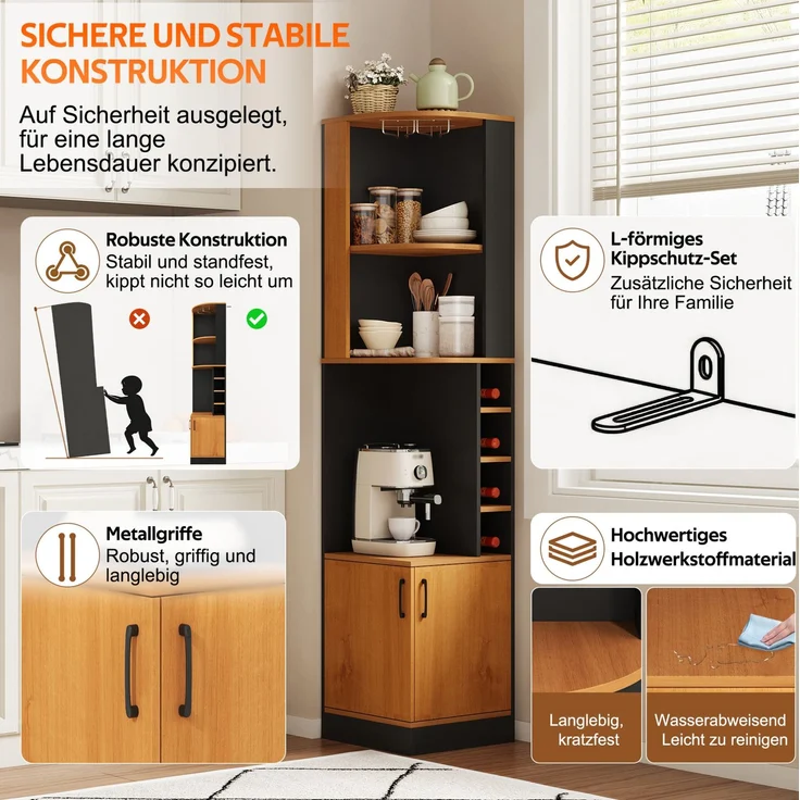 Eckschrank 40x40x182 cm mit Weinglasregal und 4 Weinfächern – platzsparender Stauraum in Schwarz – Bild 9