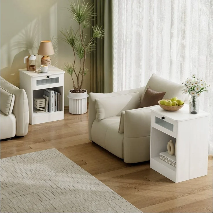 VOWNER Nachttisch mit Glasfront und Schublade, offenes Fach, Weiß, 45x40x60 cm (1-St), multifunktional als Beistelltisch für Schlafzimmer und Wohnzimmer – Bild 4