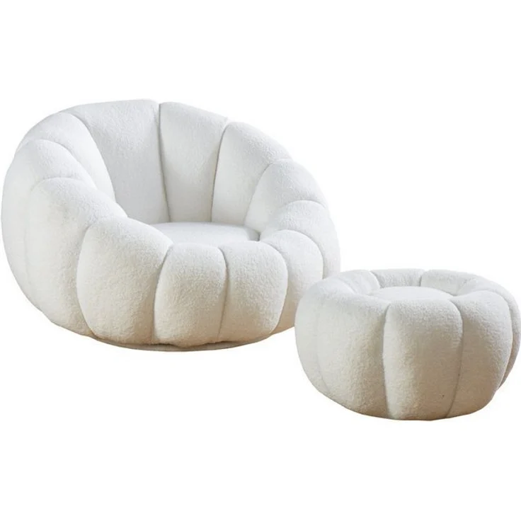 Sessel und Hocker Set aus Teddyfell Weiß 97 x 95 x 65 cm – Bild 4