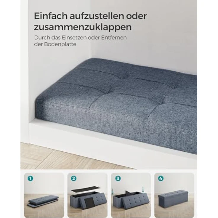 Songmics 110 cm Sitzbank mit Stauraum, klappbare Sitztruhe, Aufbewahrungsbox, Fußbank, helldenimblau LSF077Q01 – Bild 7