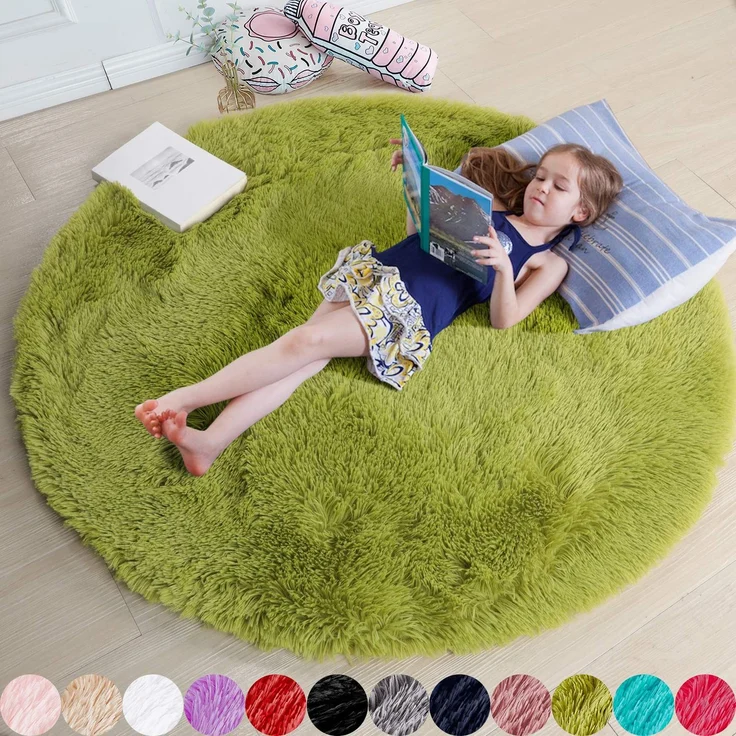 Grasgrüner runder Teppich für Schlafzimmer, flauschiger Zottelteppich, für Kinderzimmer, Klassenzimmer, Kinderzimmer, coole Wohnzimmer-Dekoration, ästhetisch, niedlicher flauschiger Moos-Bodenteppich