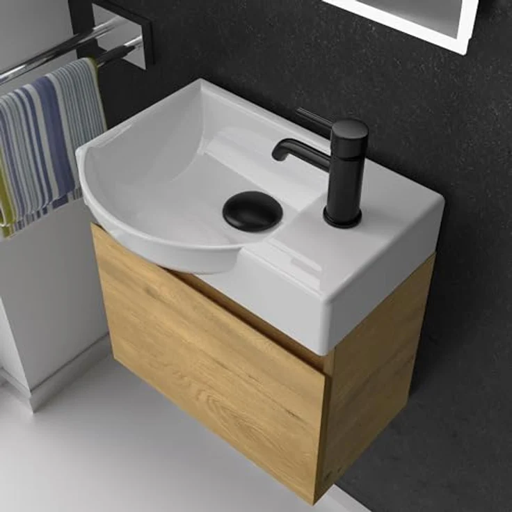 Alpenberger Badmöbel-Set - Gäste WC Waschbecken mit Unterschrank 45 cm Breit, (Badschrank 2-tlg, Waschtisch hängend), Waschbeckenunterschrank mit Softclose - Eiche Natur - Links Becken – Bild 4