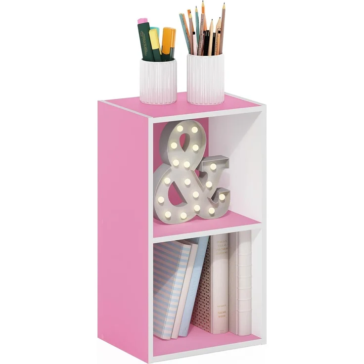 Furinno Pasir 2-stufiges Bücherregal mit offenem Regal, Rosa/Weiß