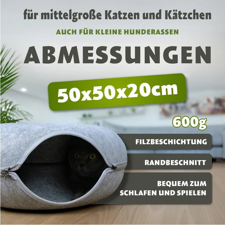 KVOTA Katzenliege Katzentunnel KatzenhöhleSpielhöhle Grau 50x50x20cm aus Filz, rund – Bild 3