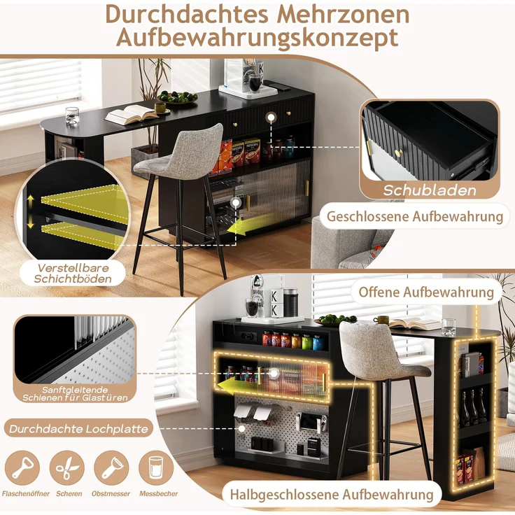Merax Bartisch, Ausziehbar 360° Drehbare Sideboard mit Stauraum und LED-Beleuchtung, Reversibel Sideboard mit Lochbrett und Steckdosen(Schwarz) – Bild 7