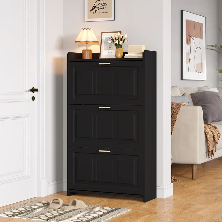 Schuhschrank 70x24x120 cm schwarz 2 Klapptüren 6 Fächer Ablagefläche – Bild 4