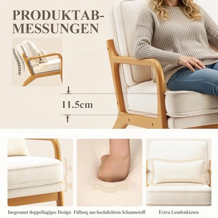 COLAMY Sessel Wohnzimmer Mid-Century Modern 2er Set, Loungesessel mit Lendenkissen, Massivholzrahmen & weichem Polster, bequemer Lesesessel für Wohnzimmer und Schlafzimmer, Beige – Bild 5